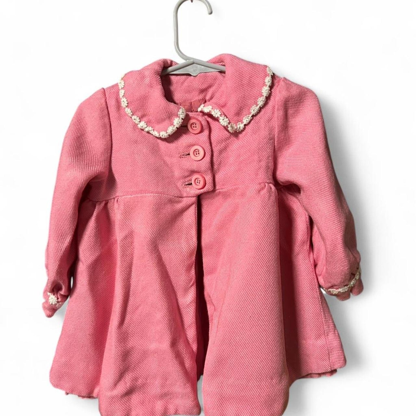 18m Antique 1940s Handmade Baby Girl Pink Pea Coat With Daisy Lace Embellishment